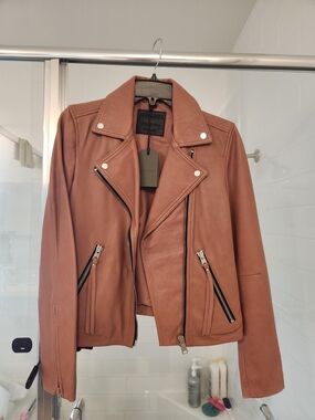 All Saints Women’s Leather Dalby Biker Jacket — Vintage Rose Pink